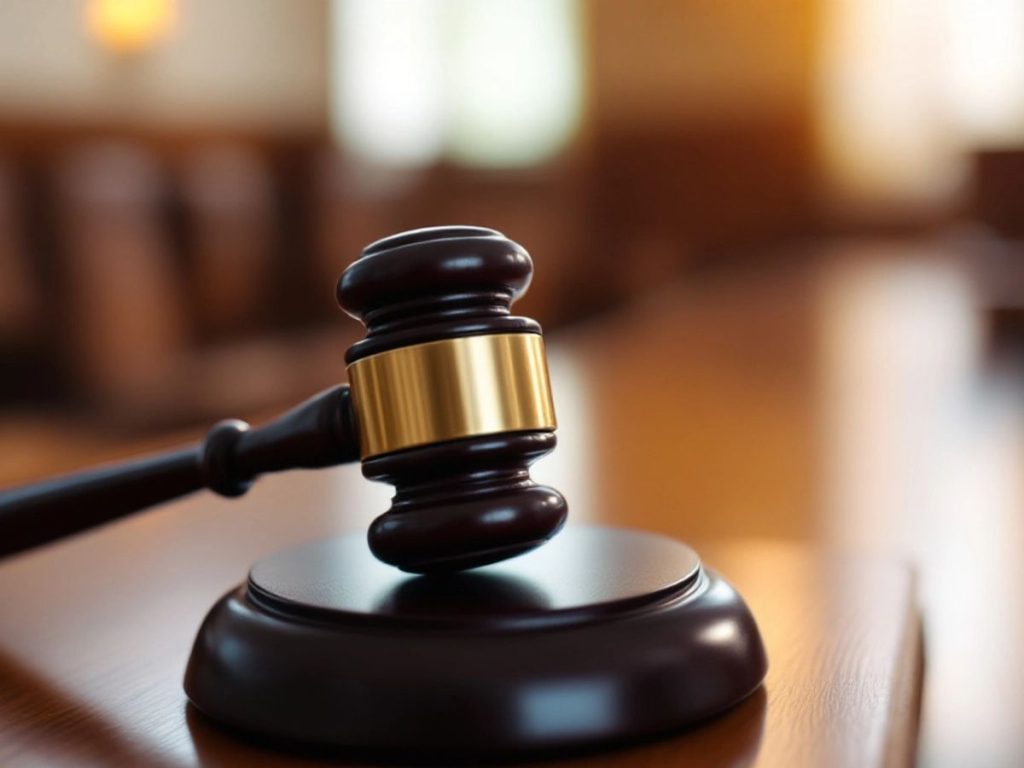 Ciocan judecătoresc pe o bancă din sala de judecată.