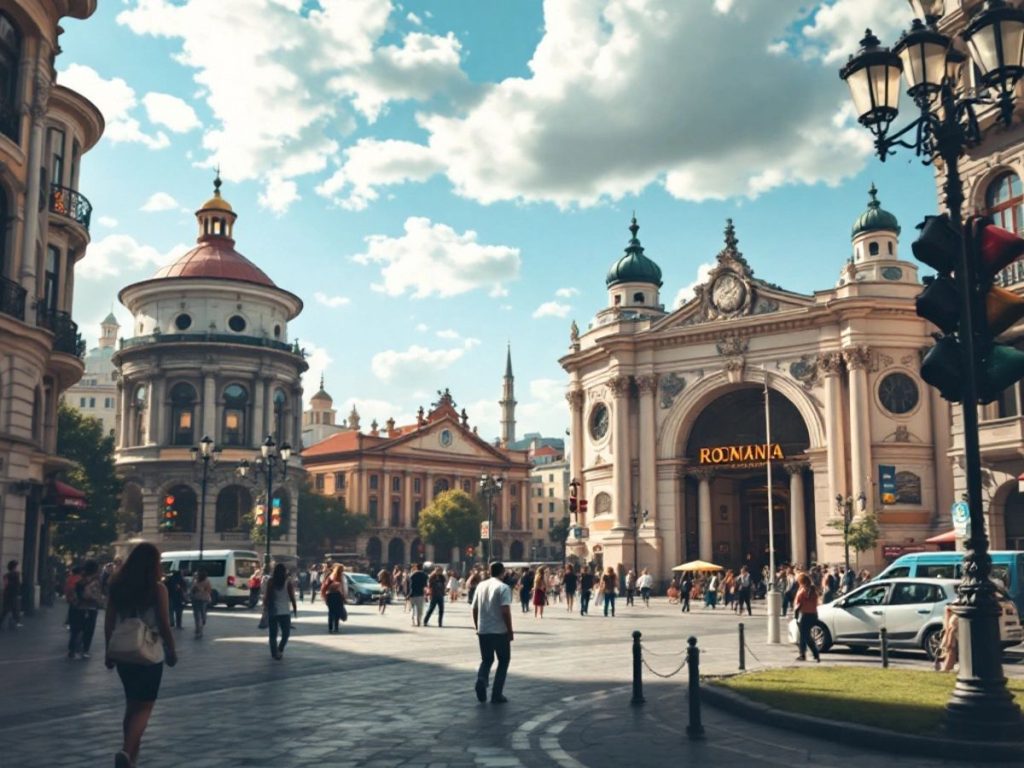 Peisaj urban din România, clădiri moderne și tradiționale.