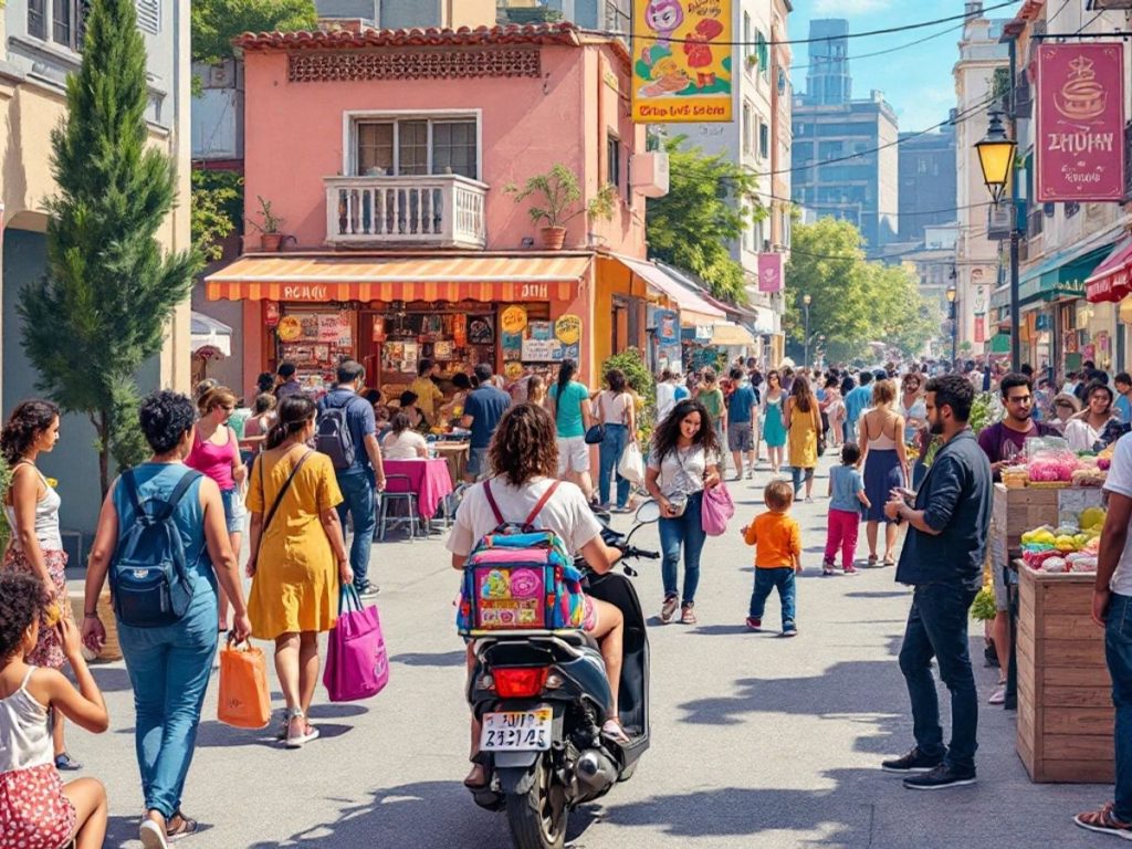 Oameni pe stradă, interacționând în viața de zi cu zi.