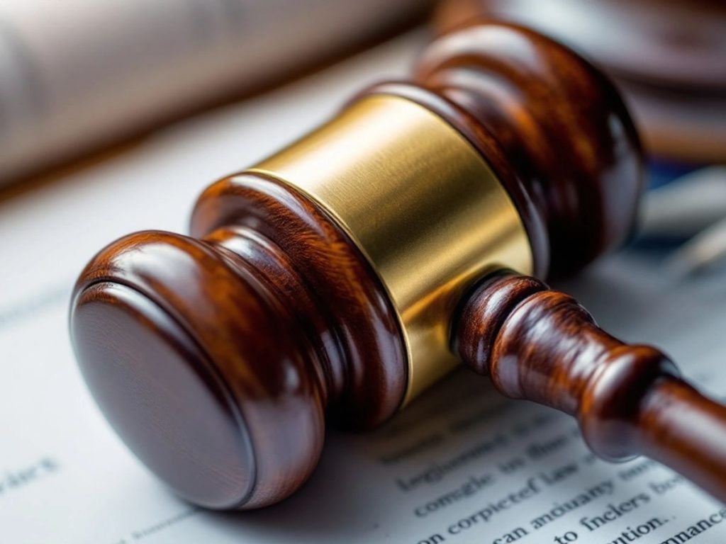 Ciocan de judecător pe un document legal.