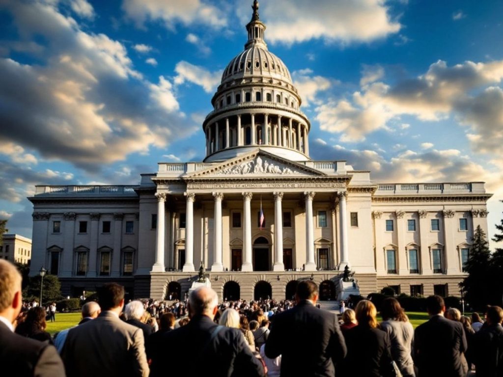 Clădire legislativă cu oameni discutând despre hotărâri.