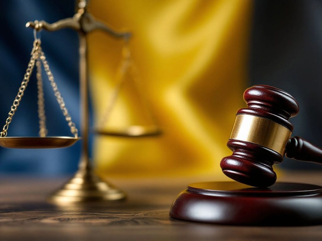 Scară de justiție cu steagul României în fundal.