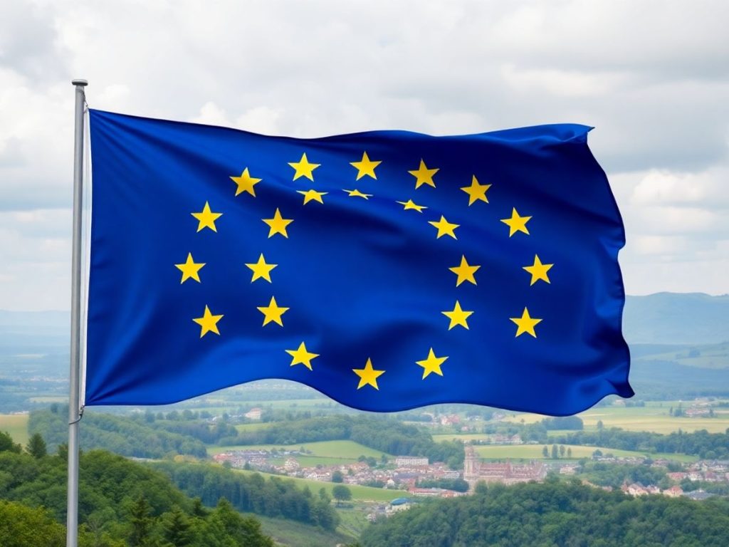 Steagul Uniunii Europene peste peisajul României.