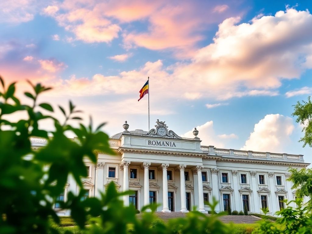 Parlamentul României cu copaci verzi în față.