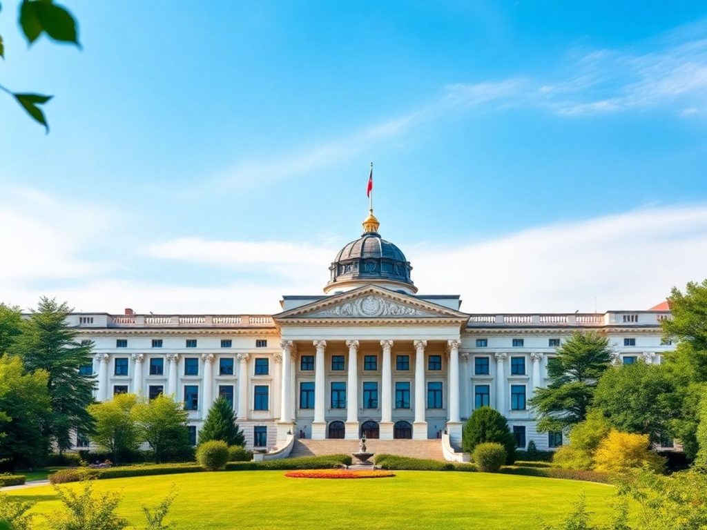 Parlamentul României în fundal, cu verdeață vibrantă.