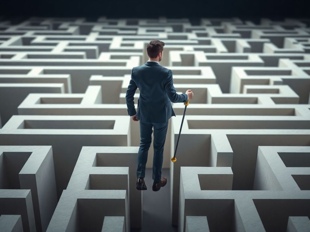 Persoană navigând printr-un labirint complex.