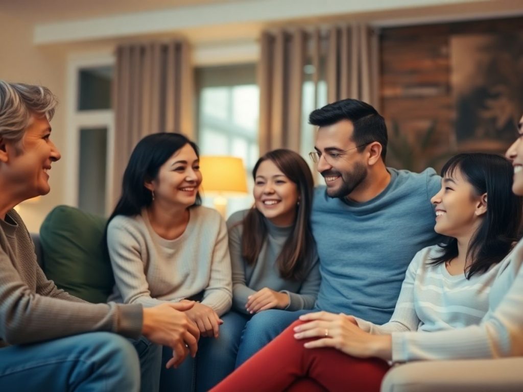 Familie zâmbitoare într-un living confortabil.