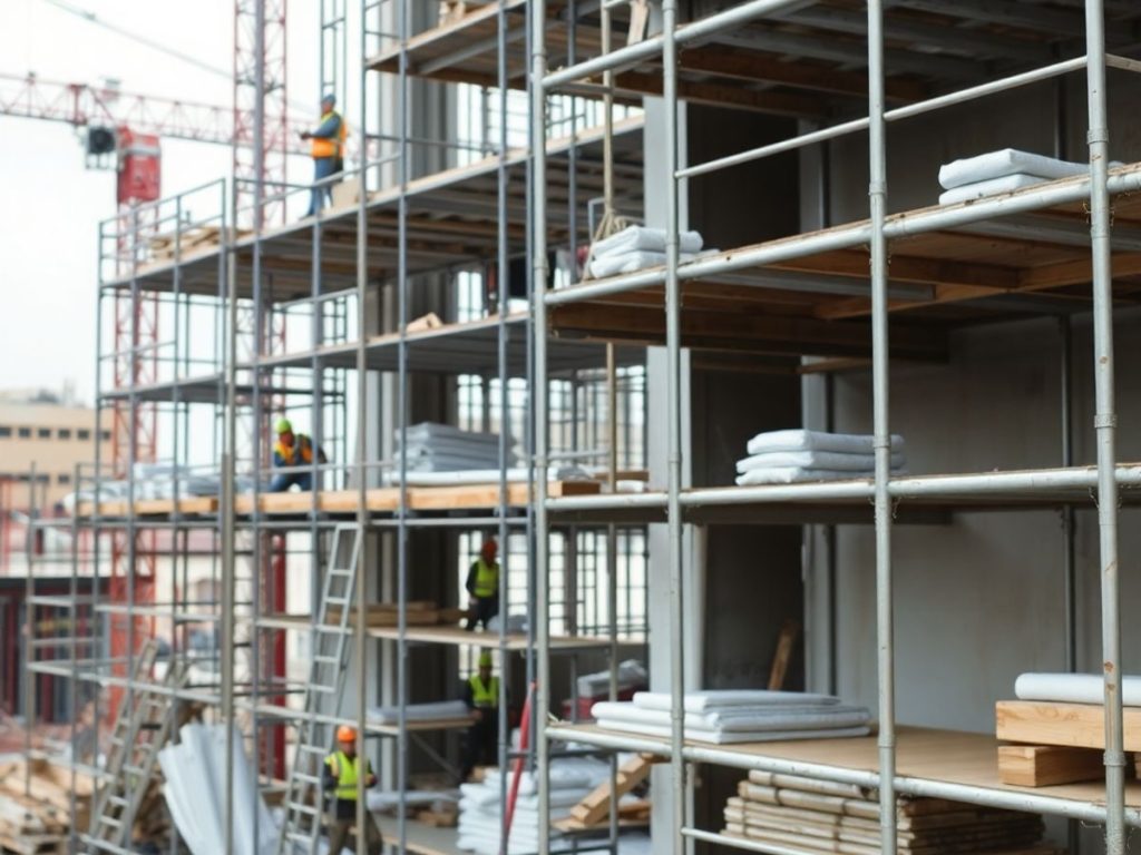 Șantier de construcții cu muncitori și echipamente de siguranță.