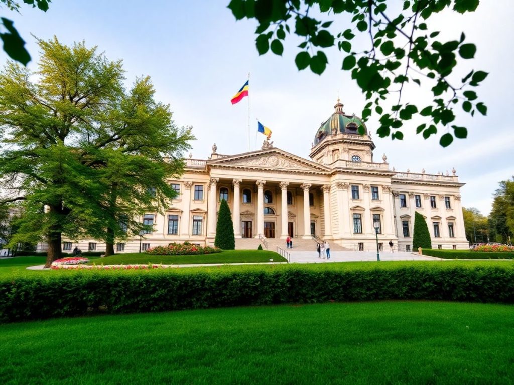 Parlamentul României pe fundalul cerului albastru.