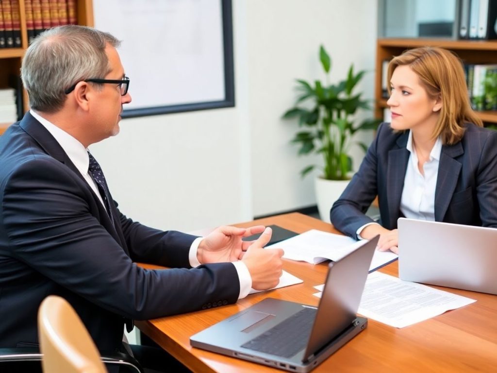 Avocat discutând cazuri cu un client la birou.