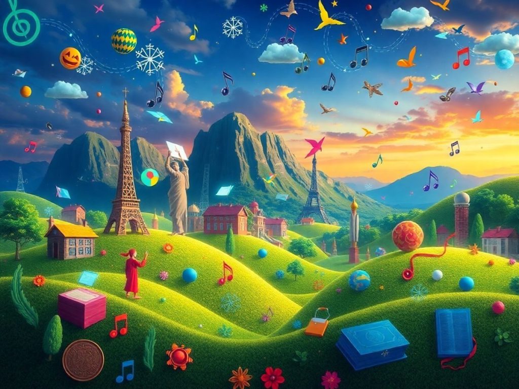 Peisaj digital cu lucrări creative și simboluri de protecție.