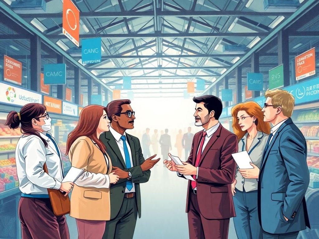 Oameni de afaceri discutând într-un mediu de piață aglomerat.