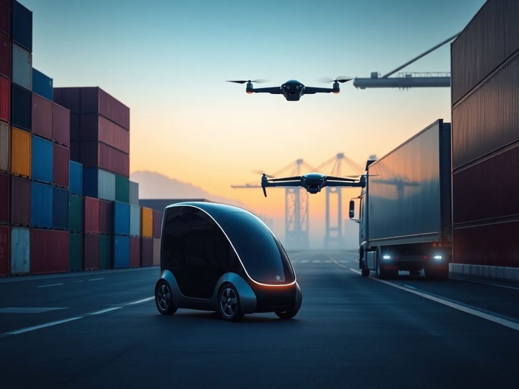 Robot livrator autonom lângă camion, dronă zburând în port supradimensionat