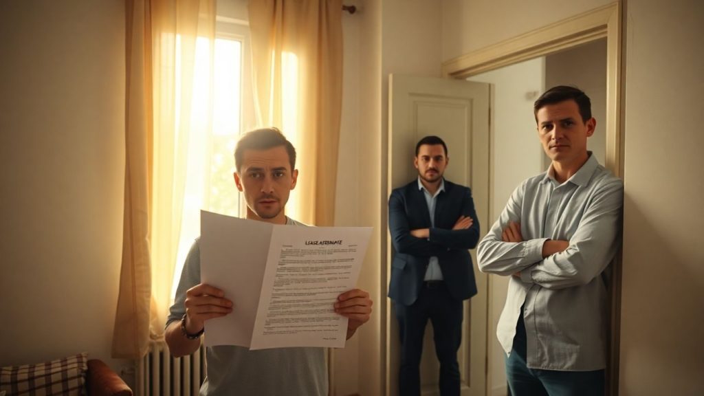 Chiriaș și proprietar discutând contractul de închiriere în apartament.