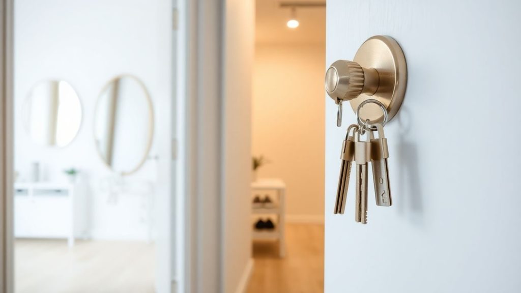 Cheie în ușă de apartament modern, intrare luminoasă și curată.